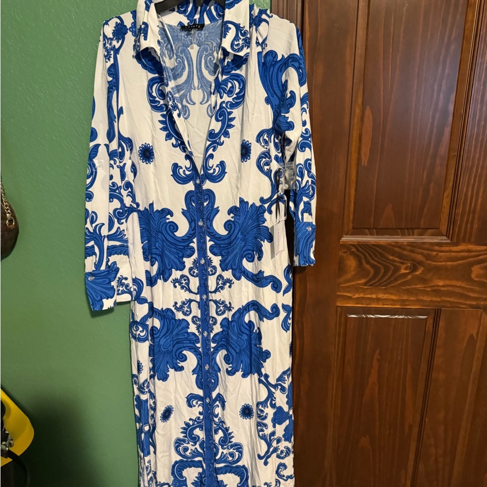 STATE Blue and White Long Sleeve Resort Dress